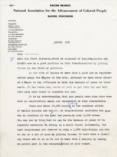 Draft of a letter from the Racine Branch of the National Association for the Advancement of Colored People regarding voter registration and organized voting efforts.
