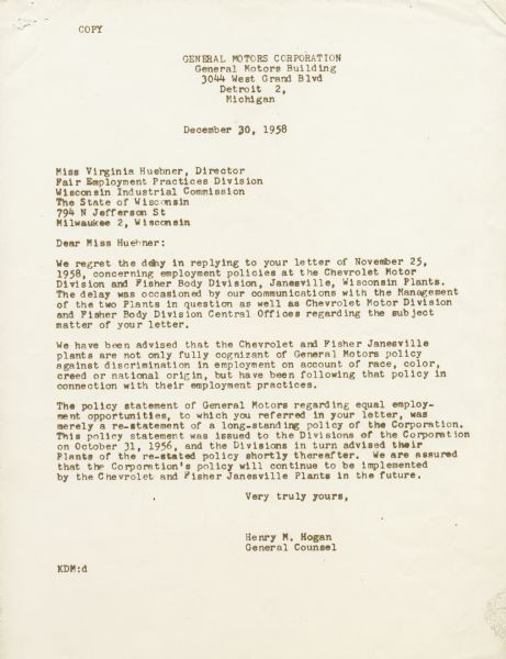 Letter from Henry M. Hogan of General Motors to Virginia Huebner, Director of the Fair Employment Practices Division of the Wisconsin Industrial Commission regarding non-discriminatory hiring practices.