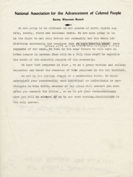 Second page of a draft of a letter from the Racine branch of the National Association for the Advancement of Colored People urging more militant activity in seeking Civil Rights.