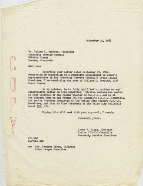 Letter from James V. Rizzo, Chairman of the Racine AFL-CIO Council's Community Service Committee, to Leland E. Johnson, President of the Racine Community Service Council, recommending William Jenkins to serve on the Community Service Council's Urban League Committee.