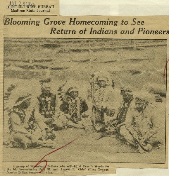 Newspaper clipping including headline, photograph of six Winnebago (Ho Chunk) Indians, and a caption indicating that the men pictured would be attending a homecoming ceremony at Frost's Woods.