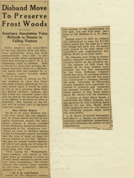 Newspaper clipping of an article about the end of Lake Monona Wild Life Sanctuary Association, a group that had been trying to preserve Frost's Woods.