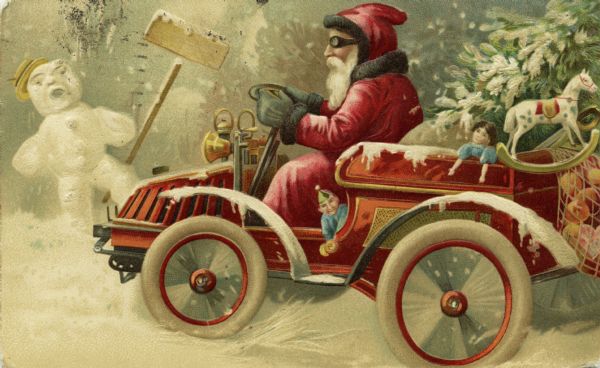 Embossed postcard with a drawing of Santa Claus wearing driving goggles and driving an automobile. A Christmas tree and several toys are loaded in the back of the car. A startled snow man holding a shovel leaps out of the way of the jolly old elf's vehicle as it speeds through the snow. Chromolithograph and embossed.