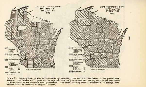 Two maps of Wisconsin showing foreign born populations by county in 1890 and 1910.