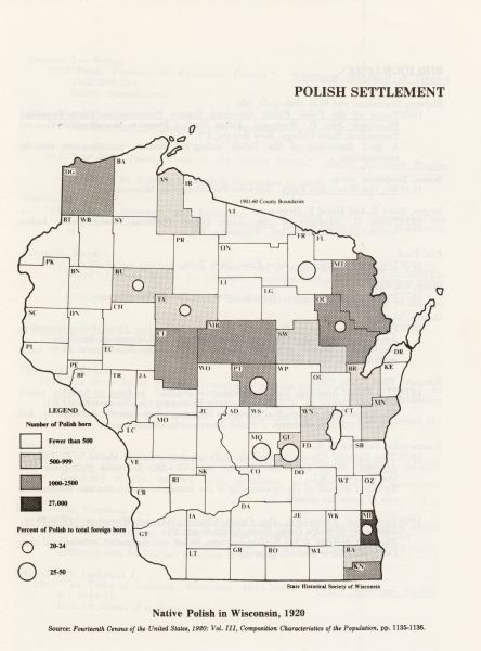 Map of Wisconsin showing native Polish populations by county.