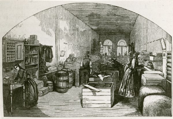 Woodcut of an office of a Soldiers' Aid Office during the Civil War.