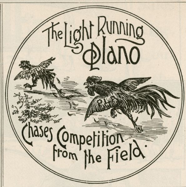 Illustrated inset in a Plan Manufacturing Company advertisement depicting a "Plano" rooster chasing a "competitor" rooster. The text reads: "The Light Running Plano Chases Competition from the Field."