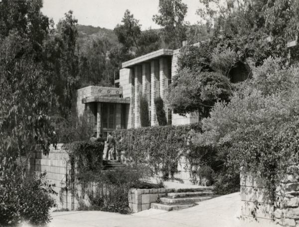 Southeast elevation of the Storer house designed by architect Frank Lloyd Wright for Dr. John Storer in 1923.