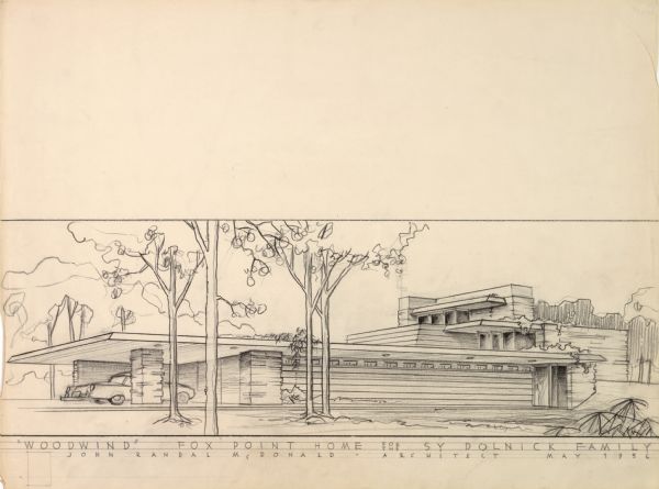 Perspective drawing of the Sy Dolnick Residence, "Woodwind," designed by John Randal McDonald.