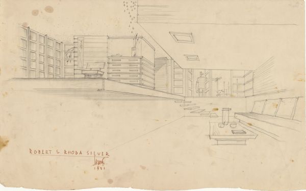 Interior perspective drawing of the living room of Robert and Rhoda Silver designed by John Randal McDonald.