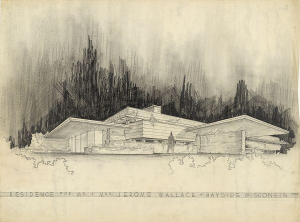 Perspective rendering of the exterior of the Jerome Wallace House, designed and drawn by architect John Randal McDonald.