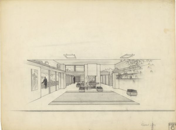 Interior perspective of the living room of the Robert W. Liske house designed and drawn by architect John Randal McDonald. The home was named "Sunny Crest" by McDonald.