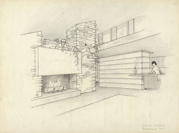 Interior perspective drawing of the living room of the Jerome Wallace house designed and drawn by architect John Randal McDonald.