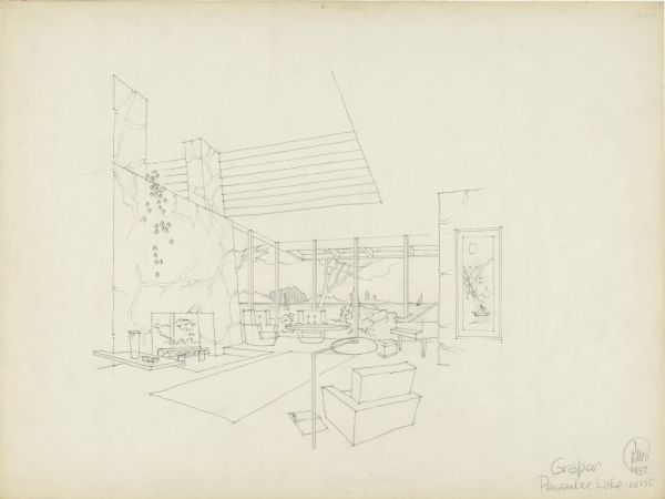 Interior perspective drawing of the living room of the Fred Graber house designed and drawn by architect John Randal McDonald.