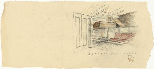 Interior pencil and colored pencil drawing of the living room of the Vernon Harrass residence executed on yellow tracing paper designed and drawn by architect John Randal McDonald.
