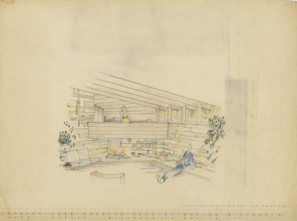 Interior perspective drawing of the living room of the Robert Johns residence designed and drawn by architect John Randal McDonald.  McDonald gave the project two names, "Spindrift" and "Sailfish."