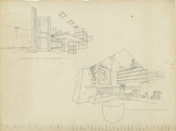 Interior perspectives of the Robert Johns residence designed and drawn by architect John Randal McDonald.  McDonald gave the project two names, "Spindrift" and "Sailfish."