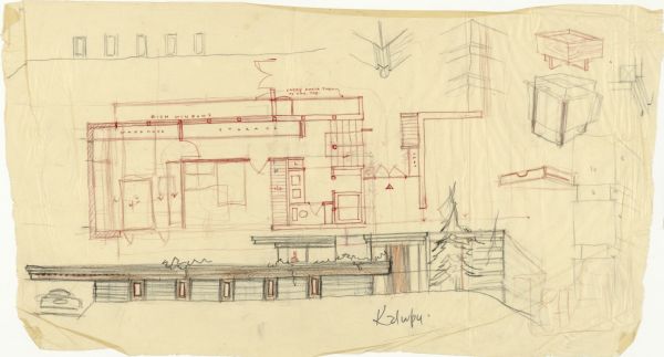 Exterior perspective and plan sketched on yellow tracing paper for the Anthony Kalupy residence designed and drawn by architect John Randal McDonald.