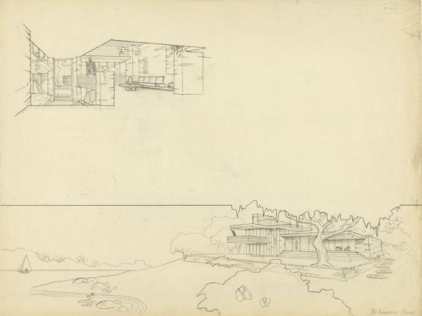 Pencil on vellum drawing showing an interior perspective of the living room/balcony space and an exterior perspective of the residence designed and drawn by architect John Randal McDonald.
