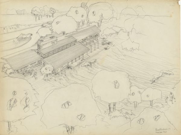 Pencil on vellum drawing of the exterior of the R. J. Buellesbach residence.