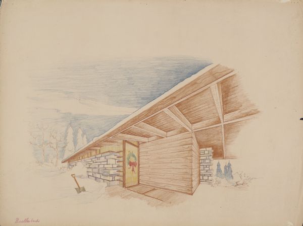 Colored pencil on brownline drawing of the entrance to the R.J. Buellesbach residence designed and drawn by architect John Randal McDonald.