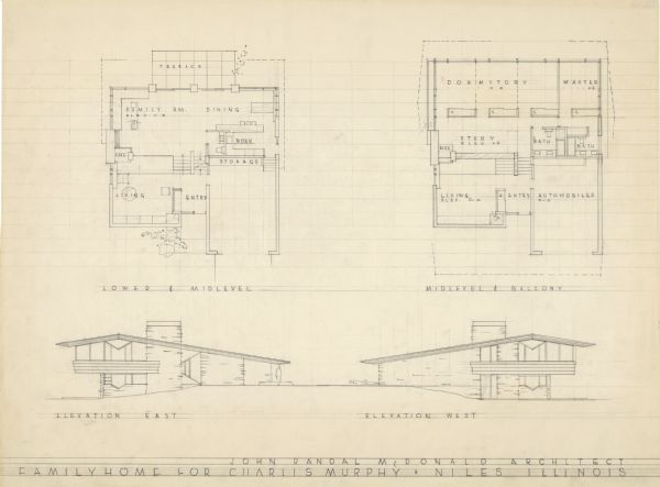 Pencil on velum drawing of the Charles Murphy residence showing the floor plan and East and West elevations designed and drawn by architect John Randal McDonald.