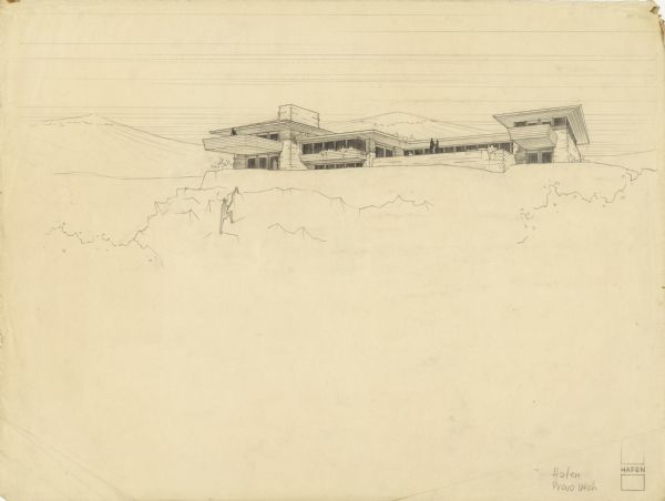Pencil on vellum drawing of the exterior of the Joseph Hafen residence designed and drawn by architect John Randal McDonald.