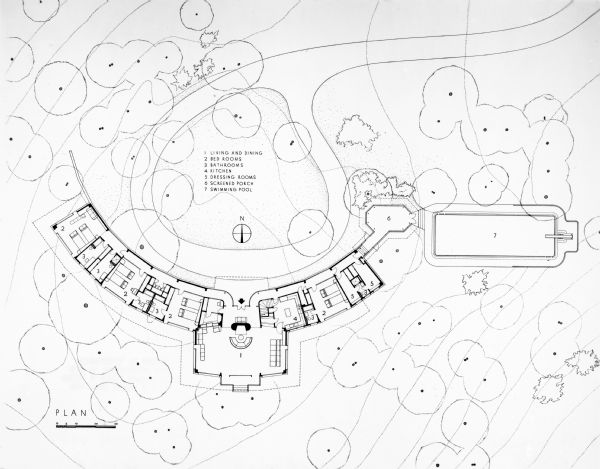 An architectural drawing of a house and swimming pool commissioned by B.J. Cahn of Lake Forest, Illinois.