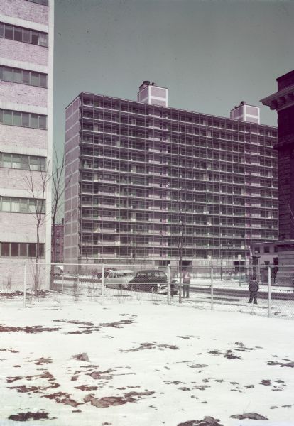 Exterior view of the Prairie Court Housing Development, located at 26th and South Parkway in Chicago.  This 14 story apartment building was designed by Keck and Keck for the Chicago Housing Authority.  Construction was completed in 1952.