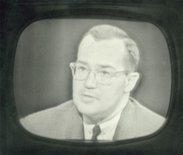 Head and shoulders view of Newton Minow on a television screen.