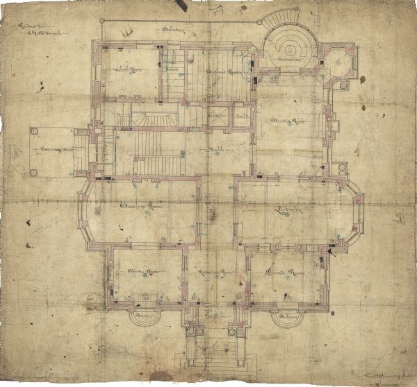 First floor plan of the Chicago residence of Cyrus Hall McCormick and his family. The drawing was produced by the architectural firm of Cudell and Blumenthal.