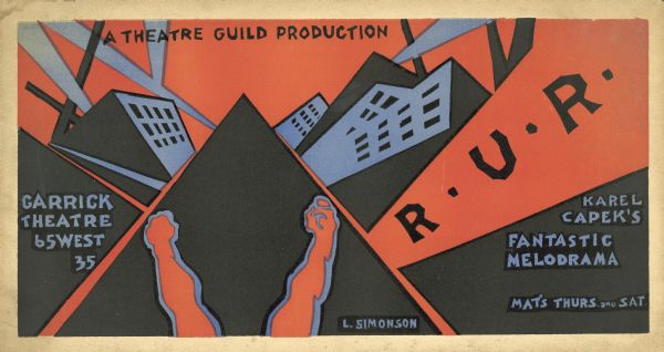 A poster for "R.U.R.: Rossum's Universal Robots" at the Garrick Theatre.