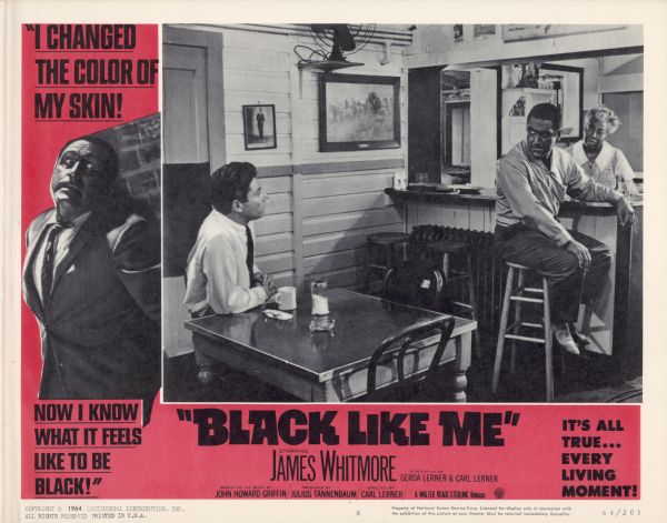 Lobby card for the Walter Reade-Sterling film "Black Like Me," including a scene of James Whitmore (playing John Horton) in a diner with two unidentified actors.