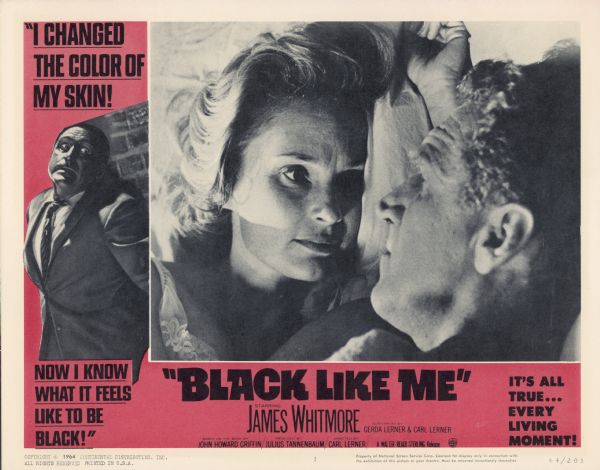 Lobby card for the Walter Reade-Sterling film "Black Like Me," including a scene of James Whitmore (playing John Horton) and Lenka Peterson (playing Lucy Horton).