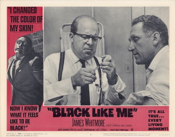 Lobby card for the Walter Reade-Sterling film "Black Like Me," including a scene of Sorrell Booke (playing Dr. Jackson) and James Whitmore (playing John Horton).