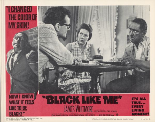 Lobby card for the Walter Reade-Sterling film "Black Like Me," including a scene of James Whitmore (playing John Horton) sitting at a table with two unidentified actors.