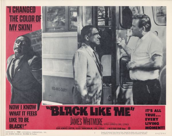 Lobby card for the Walter Reade-Sterling film "Black Like Me," including a scene of James Whitmore (playing John Horton) and Dan Priest (playing a bus driver).