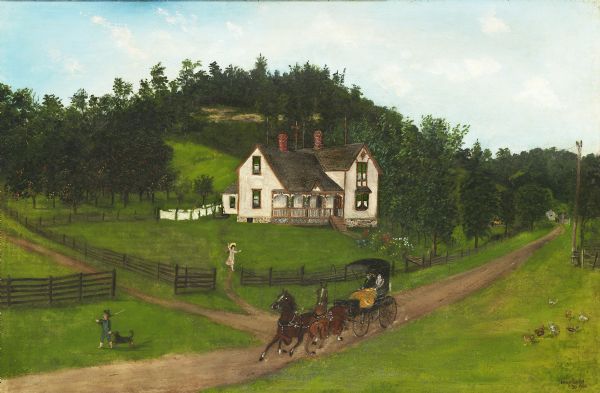 This oil painting is a fine weave cotton support (perhaps a bed sheet). It is signed and dated (1906) and depicts an early twentieth century rural southwestern Wisconsin scene: a home perched against a wooded hill, typical of Wisconsin's coulee country, with a couple riding in a horse-drawn carriage along a country road. Children are present along with details such as chickens feeding and laundry hanging out to dry.<p>A brief biography of Ernest Hupeden, from the Kohler Foundation website:<br>"Little is known about the self-taught painter Ernest Hupeden. Born in Germany and educated at a German University, he began painting while imprisoned for a crime he didn't commit. The man who committed the crime -- embezzlement at the bank where Hupeden had worked -- confessed on his deathbed, and Hupeden was freed. He fled to the United States in 1878.<br>"For several years he worked throughout southern Wisconsin, often exchanging his paintings for lodging and meals. In addition to painting murals inside homes and on the outside of barns and other buildings, Hupeden often painted portraits and landscapes on plates and bottles.<br>Sometime in the early 1900s, Hupeden was found dead in a snow bank in nearby Hillsboro, Wisconsin. He is buried in Richland Center cemetery. While art historians have continued to search for additional information about this gifted traveling artist, only a few of his works have been found."</br>
