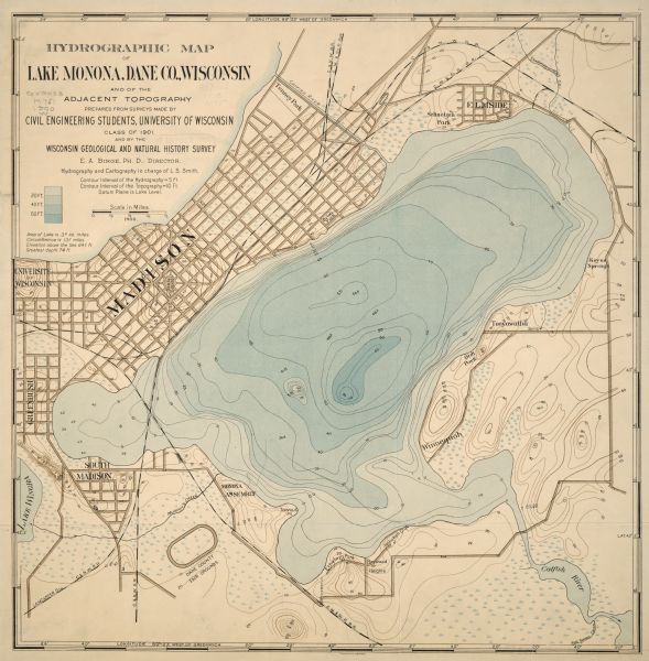 A hydrographic map of Lake Monona and the adjacent topography.