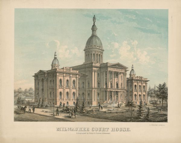 Slightly elevated view at an angle towards the left and front of the courthouse. A large statue is on top of the main dome. The area around the courthouse is filled with trees, a fountain, and pedestrians. On the bottom left is a horse and carriage and two small dogs. A streetcar is in the background on the left.