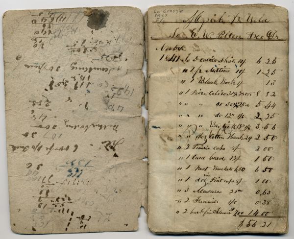 Inside front cover and first page of Nathan Myrick's 1841-1842 account book showing his purchase of supplies at Prairie du Chien for the establishment of his settlement in La Crosse.
