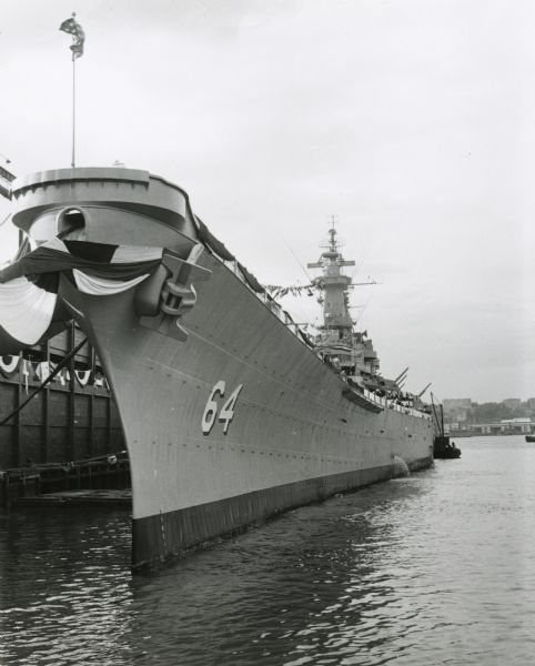 U.S.S. <i>Wisconsin</i> docked on the Hudson River at Norfolk, during decommissioning ceremonies.