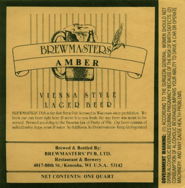 Brewmasters Amber beer label with a drawing of a mug of beer.