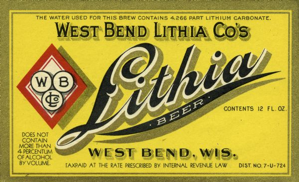 1930s West Bend Lithia Beer Wisconsin Matchcover