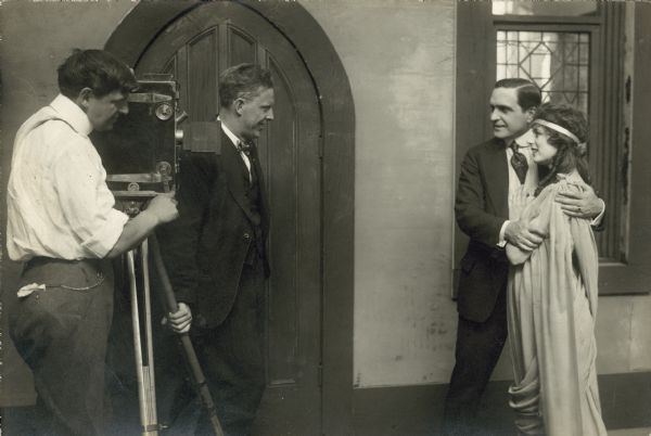 Cameraman Jules Cronjagger and director Ralph Ince shoot a scene with Earle Williams (as Tom Barclay) and Anita Stewart (as Celestia, the Goddess) in the Vitagraph serial "The Goddess."