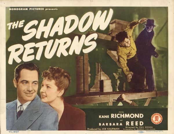 Lobby card for the Monogram film "The Shadow Returns," featuring stars Kane Richmond and Barbara Reed, as well as an image of The Shadow punching a criminal.