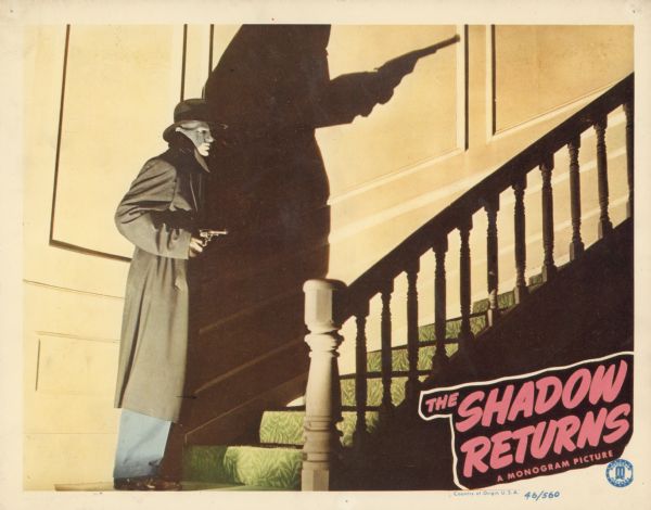 Lobby card for the Monogram film "The Shadow Returns," showing The Shadow at the base of a staircase.