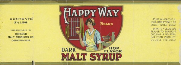 Label from a can of Happy Way brand dark, hop flavored malt syrup. Picture on the label shows a woman wearing an apron and holding a can of the malt syrup in a kitchen. The label on the can she holds in turn has a picture of her holding a can of malt syrup.