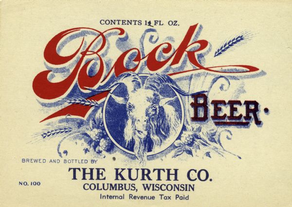 Bock beer label featuring a drawing of a goat's head, wheat or barley stalks, and hops. Bock was brewed and bottled by the Kurth Company of Columbus, Wis.