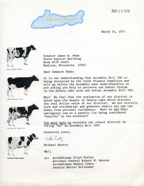 Letter from Michael Bystry to Senator James Swan regarding school funding. The letter is written on S.W. Dairy Corp letterhead. The letterhead features an outline of Lake Geneva and images of four cows at left.